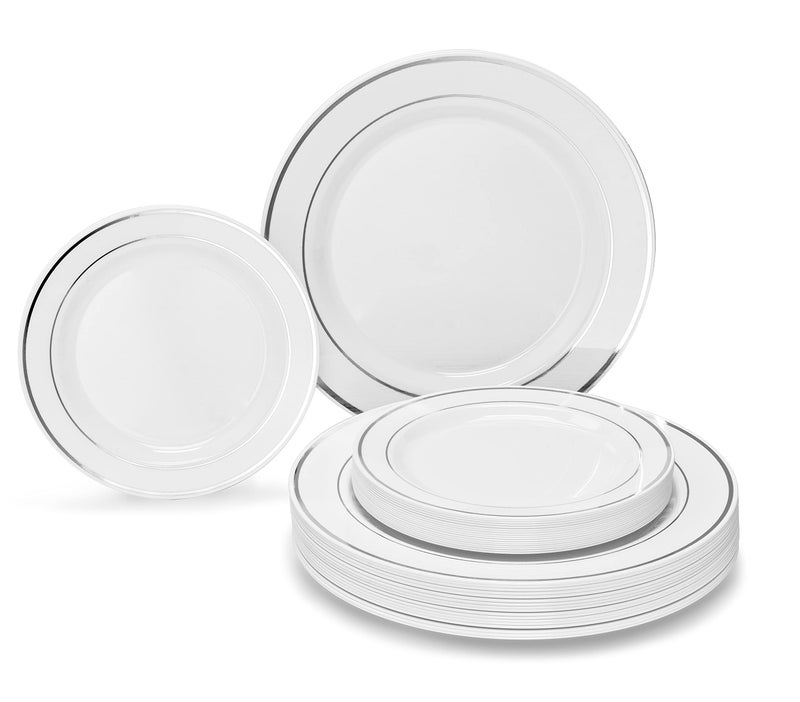 OCCASIONS FINEST PLASTIC TABLEWARE OCCASIONS 50 Plates Pack (25 Guests)-Heavyweight Wedding Party Disposable Plastic Plate Set -25 x 10.5'' Dinner + 25 x 7.5'' Salad/Dessert plates (White & Silver Rim) - Image 1